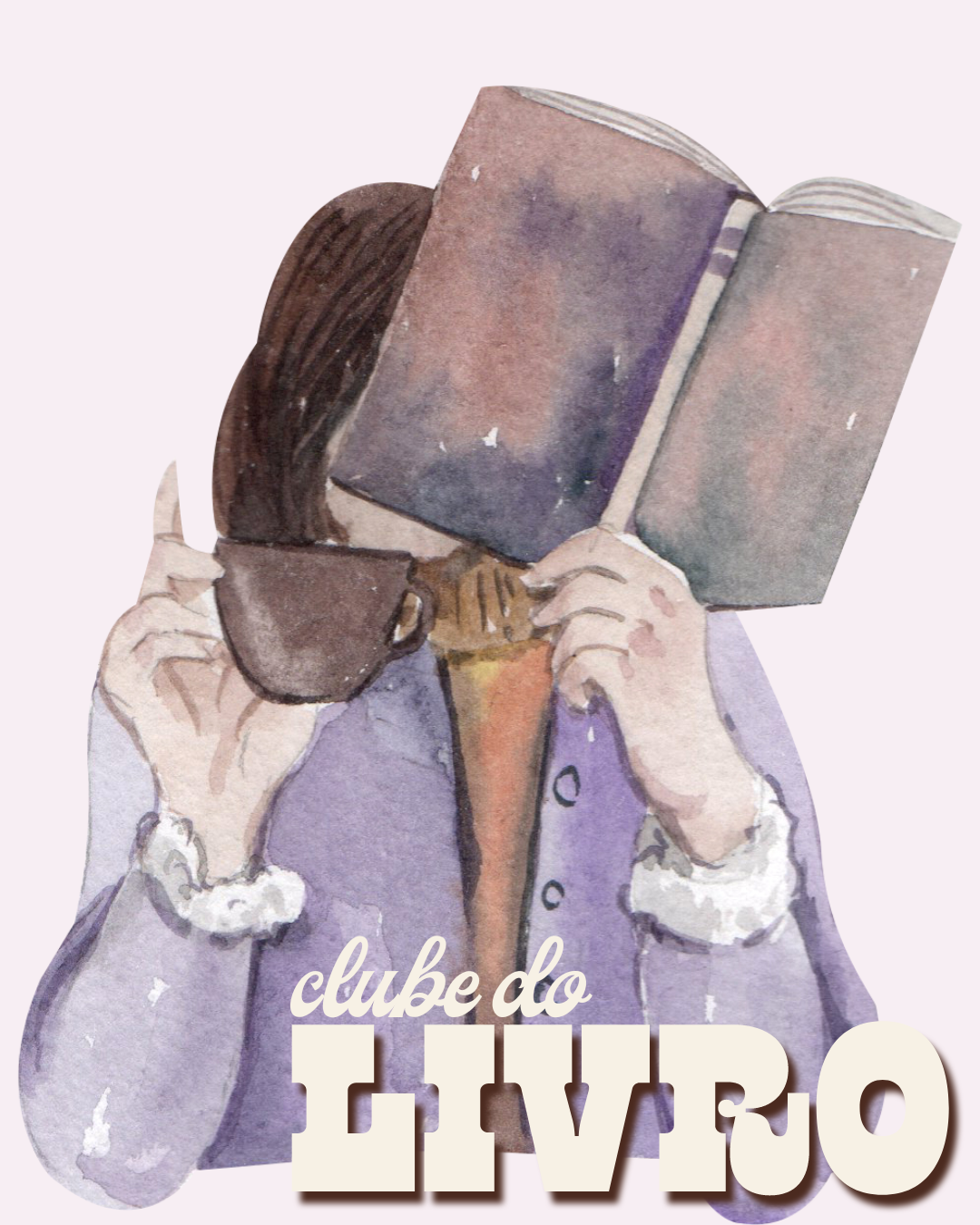 Representando como fazer parte do clube do livro Coletivo da Retipatia, está uma imagem com fundo lilás, com ilustração em aquarela de uma mulher segurando um livro na frente do rosto e segurando uma xícara.