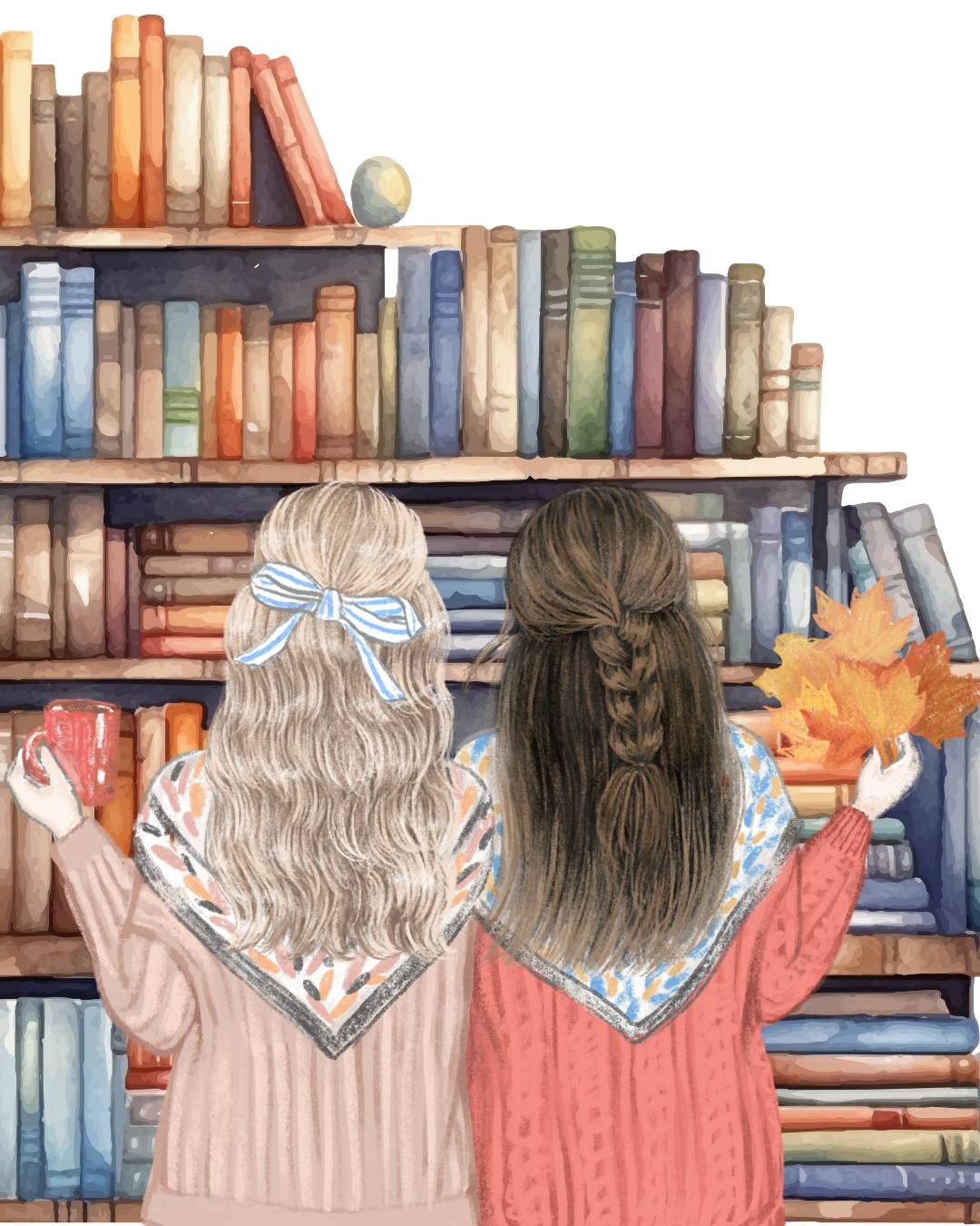 Imagem de destaque para o post 16 livros com amizades inesquecíveis, do Coleitvo da Retipatia, mostra desenho em aquarela de duas jovens em frente a uma estante de livros, de costas, cabelos soltos e longos, usando suéters, e segurando a da direita, folhas secas e a da esquerda, uma caneca.